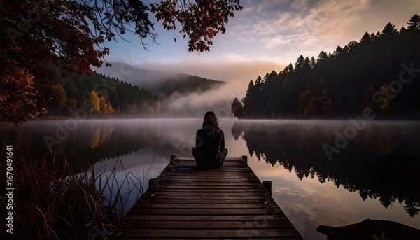 Fototapeta Person sitting on a rustic pier on calm misty lake in autumn
