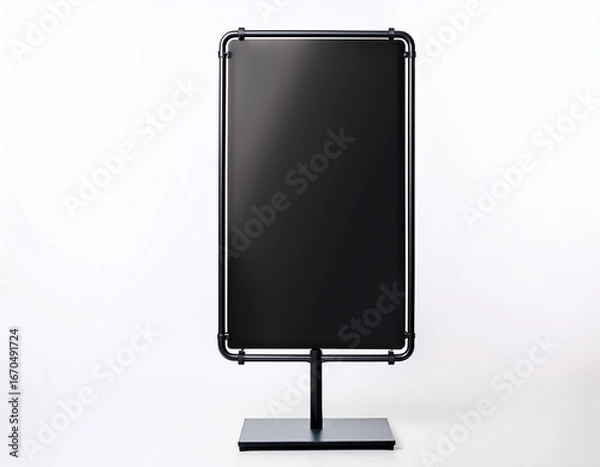 Obraz blank vertical sign on black metal stand for outdoor or indoor use in public spaces and events white background or