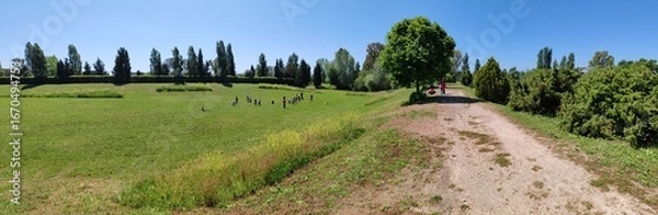 Fototapeta Ostia, Rome, April 15, 2025, children from an elementary school, on a school trip, have fun running and playing in a protected ecological oasis.