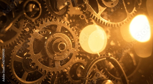 Fototapeta Intricate antique clockwork gears in warm golden light, symbolizing precision, mechanics, and time