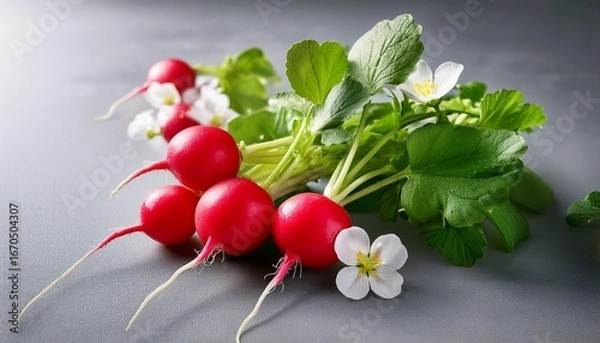 Obraz fresh radishes with green leaves and white flowers resting on gray surface