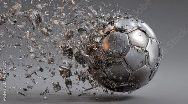 Fototapeta A metallic soccer ball exploding in mid-air