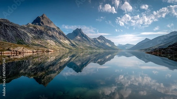 Fototapeta Serene Lake Reflection: A tranquil lake mirrors the grandeur of imposing mountains under a vibrant blue sky with scattered clouds, inviting a sense of peace and wonder.