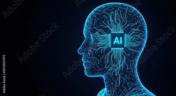 Fototapeta Artificial intelligence concept: human head outline with circuit board brain.