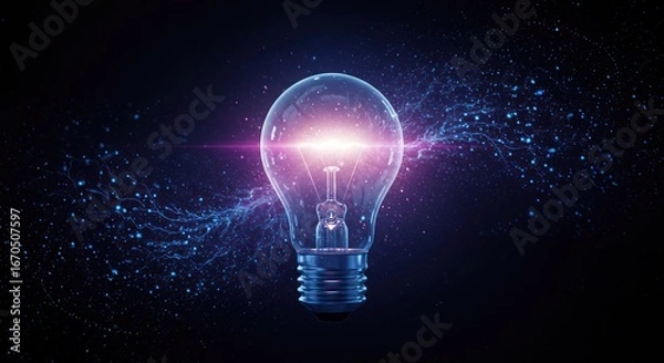 Fototapeta Lightbulb with glowing center surrounded by abstract energy against a dark background.