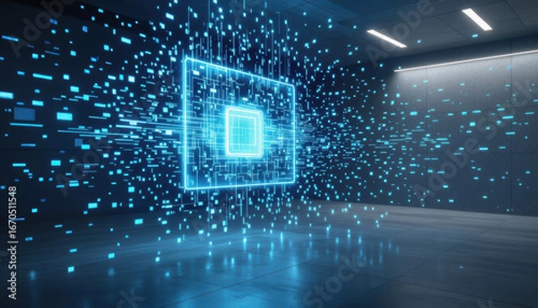 Fototapeta Digital interface with floating data particles in futuristic space  