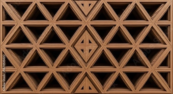 Fototapeta Intricate Wooden Lattice Structure with Repeating Triangular and Diamond Motifs creates depth and complexity
