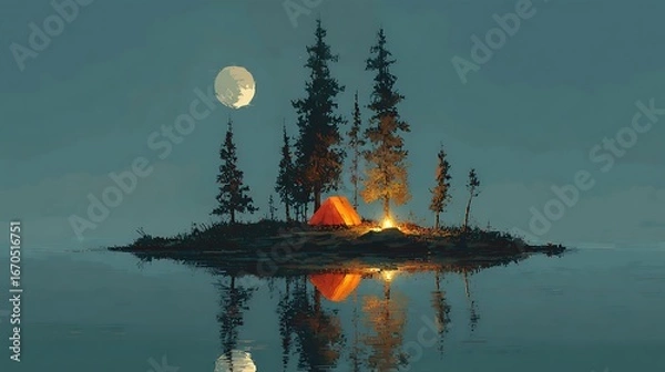Fototapeta  Tranquil Camping Under Moonlight: An ethereal island oasis at night, an inviting campsite under the soft glow of a full moon and the warm embrace of a crackling fire.