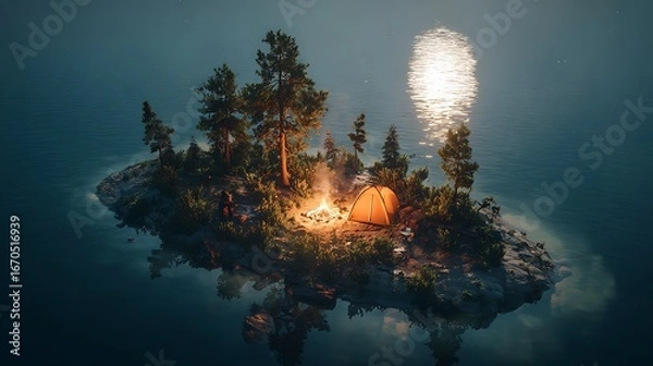 Fototapeta Serene Island Camp: A picturesque night scene of a tent lit by a cozy fire on a small island, trees around, peaceful water surrounding it, illuminated by a bright moon.