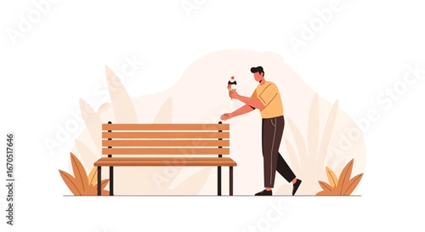 Fototapeta Man With Ice Cream Next to Park Bench on a Bright Day Outdoors