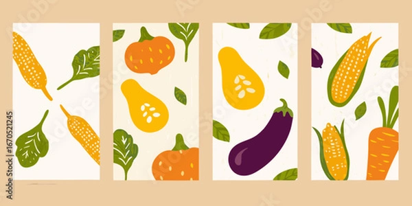 Fototapeta Vibrant collection of hand drawn vegetables including corn squash eggplant carrot and spinach in a modern flat style
