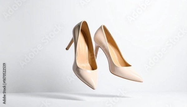Fototapeta Elegant Nude High Heels Gracefully Floating in a Pristine White Studio Setting, Embodying Classic Fashion and Style