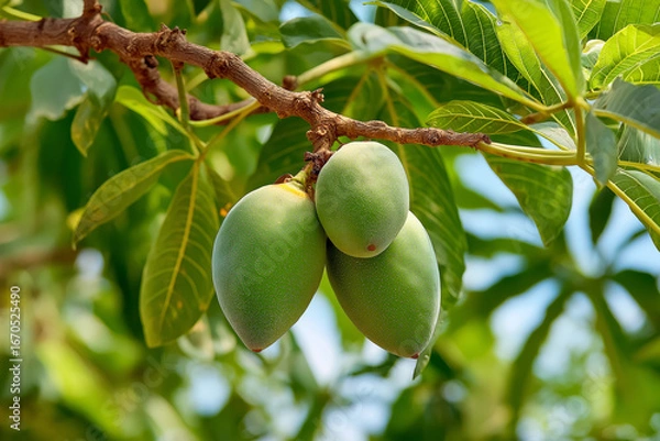 Obraz Ripe American pawpaw fruit hanging from a small tree, large tropical-looking leaves and soft natural light.