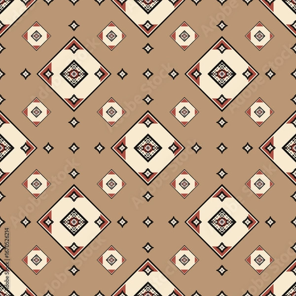 Fototapeta Seamless geometric Navajo-inspired pattern in earthy beige tones, featuring diamond shapes and ethnic motifs. Perfect for textiles, wallpapers, and digital prints.