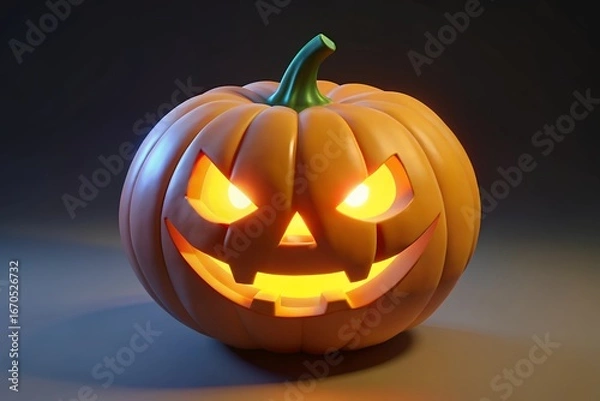 Fototapeta Glowing jack o lantern with spooky face on dark background