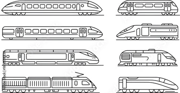 Fototapeta Collection of modern high speed train illustrations in outline style