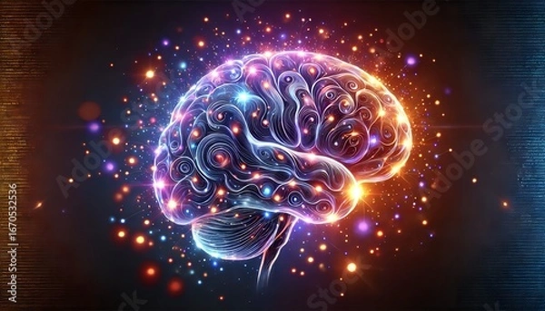 Fototapeta Abstract glowing brain with colorful particles and digital connections, symbolizing artificial intelligence and neural networks