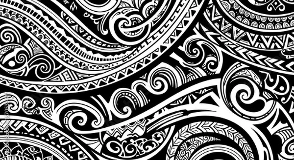 Fototapeta Intricate black and white tribal pattern design with Polynesian inspiration