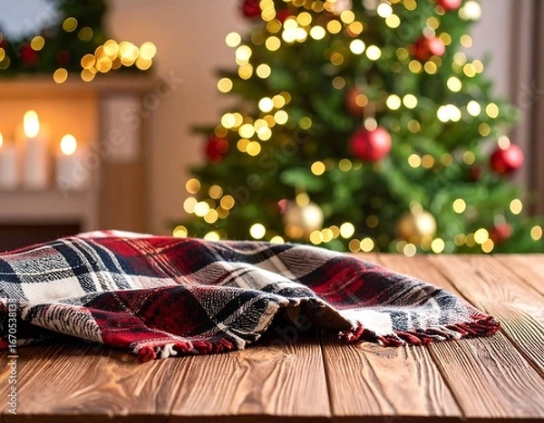 Fototapeta Plaid blanket on a wooden table in front of a Christmas tree