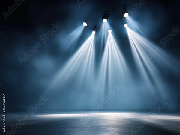 Fototapeta Dark room with four bright lights shining on the floor. The lights are evenly spaced and create a sense of depth