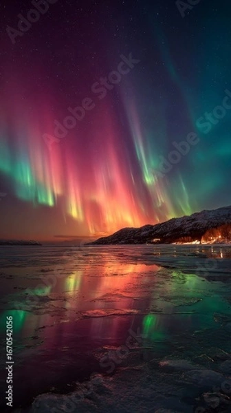 Fototapeta The aurora borealis paints the winter sky with colorful, dancing lights