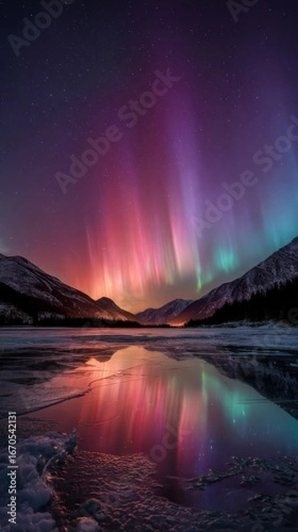 Fototapeta The aurora borealis paints the night sky, reflecting in a frozen lake below the mountains.