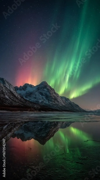 Fototapeta The stunning aurora borealis dances over a mountainous landscape, creating a mesmerizing scene.