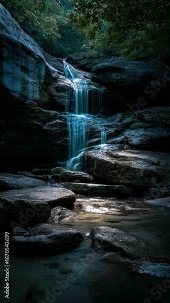 Fototapeta The waterfall gracefully descends over dark, mossy rocks creating a tranquil scene.