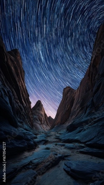 Fototapeta Stunning star trails illuminate a desert canyon at night, creating a breathtaking view.