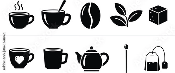 Obraz Coffee and Tea Solid Icon Set - Warm Beverage Icons Collection

