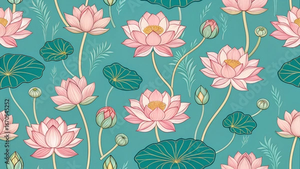Fototapeta A seamless pattern with pichwai style lotus arranged in a tile-style repeat on a turquoise background. It can be used for printing on various surfaces like textiles and paper or digital work as well.	