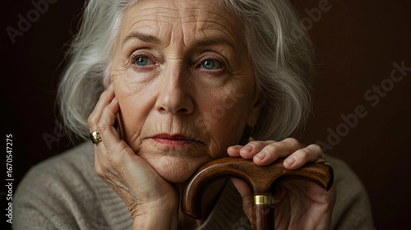 Fototapeta Elderly woman with cane and thoughtful expression sitting indoors in contemplation and solitude during aging and retirement years