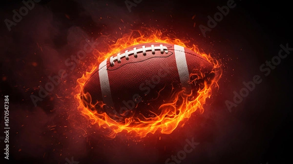 Fototapeta American football ball surrounded by flames in motion symbolizing energy, speed and intensity of game competition and sports action on dark background