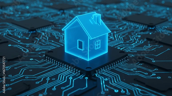 Fototapeta Smart home technology concept with digital house hologram over microchip and circuit board for innovation, connectivity and futuristic home automation network system