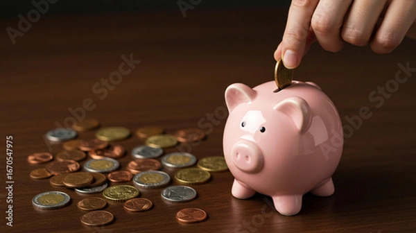 Fototapeta Hand saving money with coin into pink piggy bank on wooden table with scattered coins for financial planning, budgeting, and savings concept