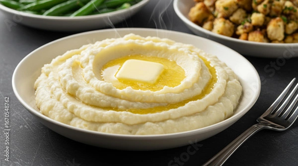 Fototapeta Creamy mashed potatoes with melted butter served in a white bowl alongside green beans and stuffing for a traditional comfort food meal