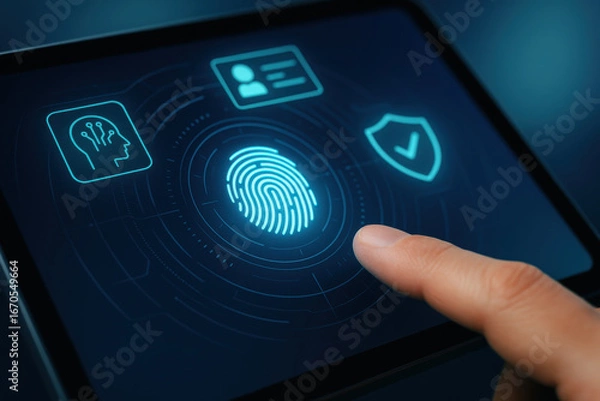 Fototapeta Fingerprint authentication on digital device with biometric security and identity verification