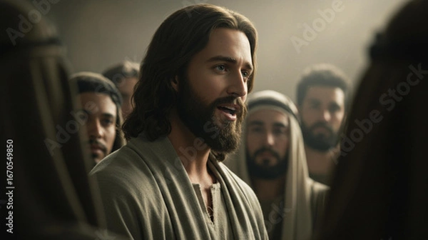 Fototapeta Ancient man speaking to followers in biblical setting with spiritual conversation and historical clothing indoors