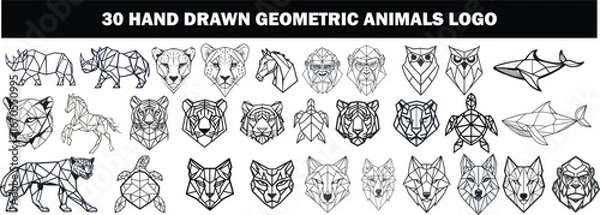 Fototapeta Geometric Animal Logos, A collection of 30 hand-drawn geometric animal logos, showcasing a variety of creatures rendered in a minimalist, line art style. Perfect for branding. 
