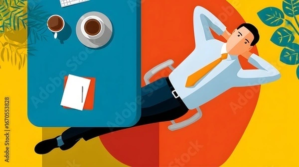 Fototapeta Professional Man Relaxing in Modern Office Setting with Coffee and Vibrant Color Background