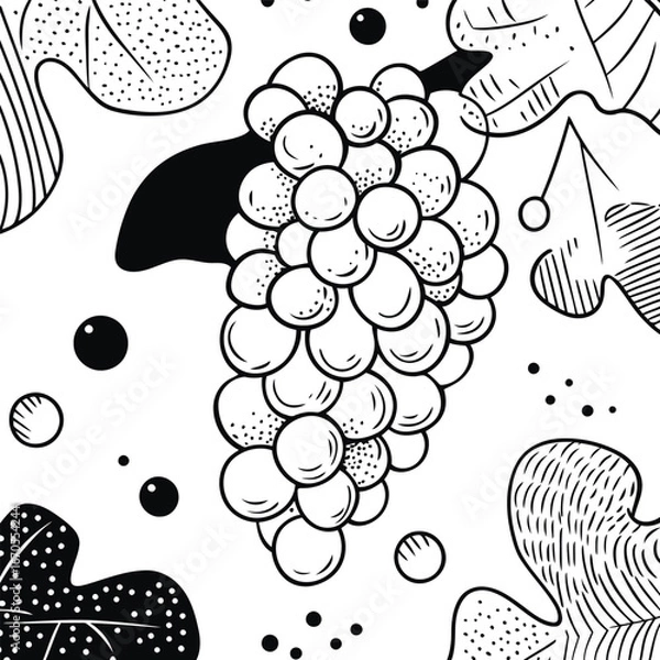 Fototapeta Grapes and Leaves Black and White Pattern, Hand Drawn Grapes and Foliage Sketch, Stylized Grapes Vector Illustration.