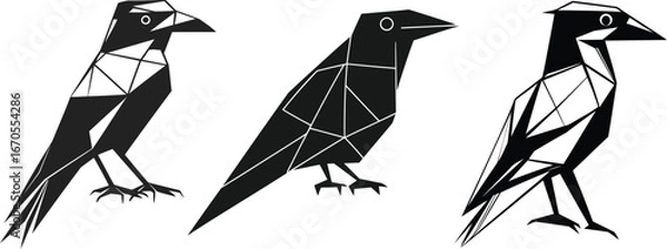 Fototapeta Black and White Stylized Bird Symbol, Geometric Raven Vector Logo Set, Modern Abstract Crow Illustration,