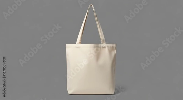 Fototapeta A plain beige canvas tote bag isolated on a plain grey background