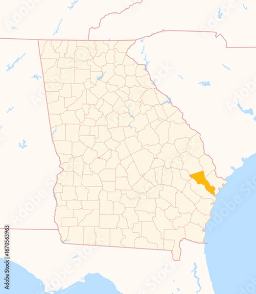 Fototapeta Map of the County Bryan (Georgia, US) showing the Federal State with the highlighted County