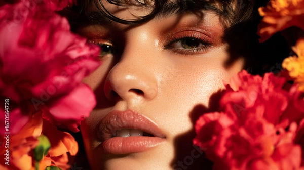 Fototapeta Glamour beauty portrait of a woman with bronze eyeshadow and glossy lips, framed by vibrant  flowers