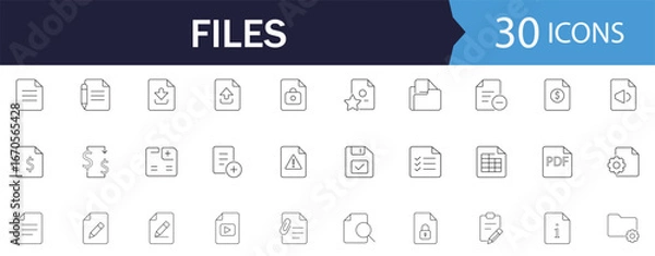 Fototapeta Files line Icon Set. Features icons of  clipboard, document, folder and note. Perfect for file management apps and cloud storage websites.