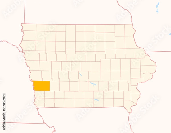 Fototapeta Map of the County Pottawattamie (Iowa, US) showing the Federal State with the highlighted County