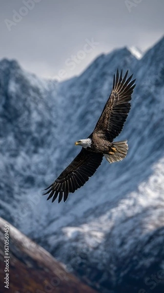 Fototapeta A bald eagle soars through the sky in front of snow-covered mountains.