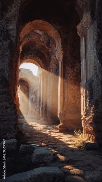 Fototapeta Sunlit corridor of an ancient building with stone arches and columns.