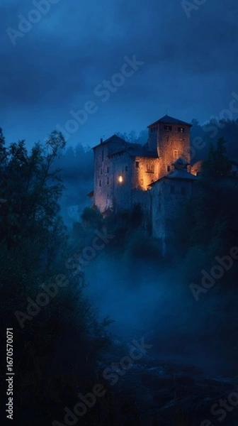 Fototapeta A historic stone castle glows warmly at night, framed by atmospheric fog and a twilight sky.